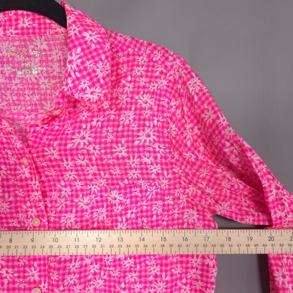 Lilly Pulitzer Sea View 100%‎ LINEN Button Down Top Size XS Pink Gingham Floral - Picture 6 of 13